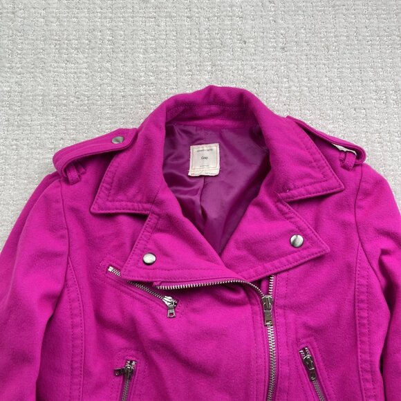 GAP Womens Wool Moto Biker jacket Electric Neon Pink / Fuscia Zipper Sz XS - Picture 2 of 13